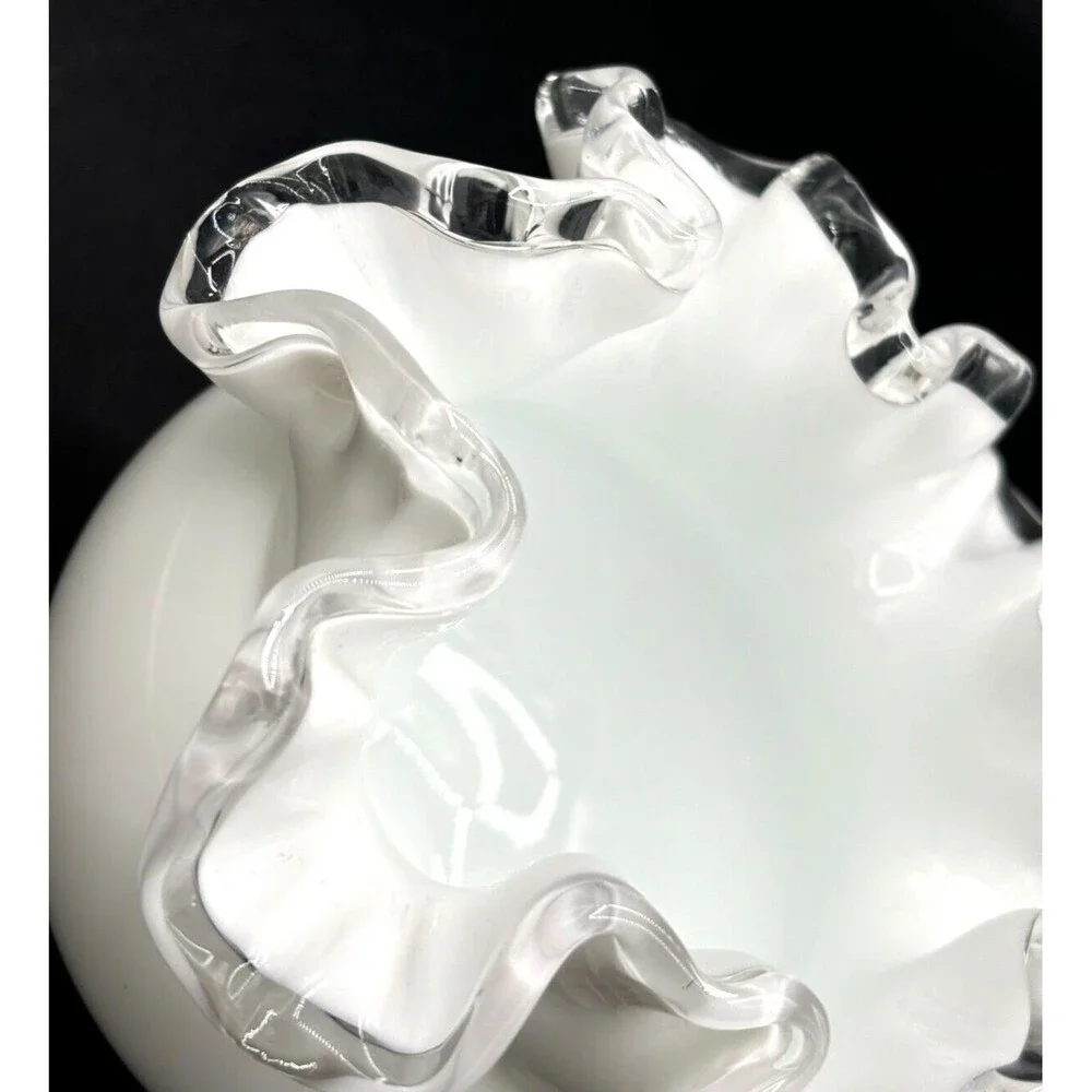 Fenton Opaque White Milk Glass Bowl Vase Small‎ Ruffled Silver Crest Clear Edged